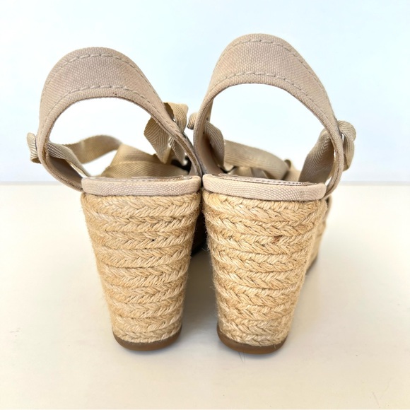 PRADA Beige Canvas Ankle Strap Lace Wrap Platform Wedges Sandal Espadrille Sz 38 - Picture 7 of 15